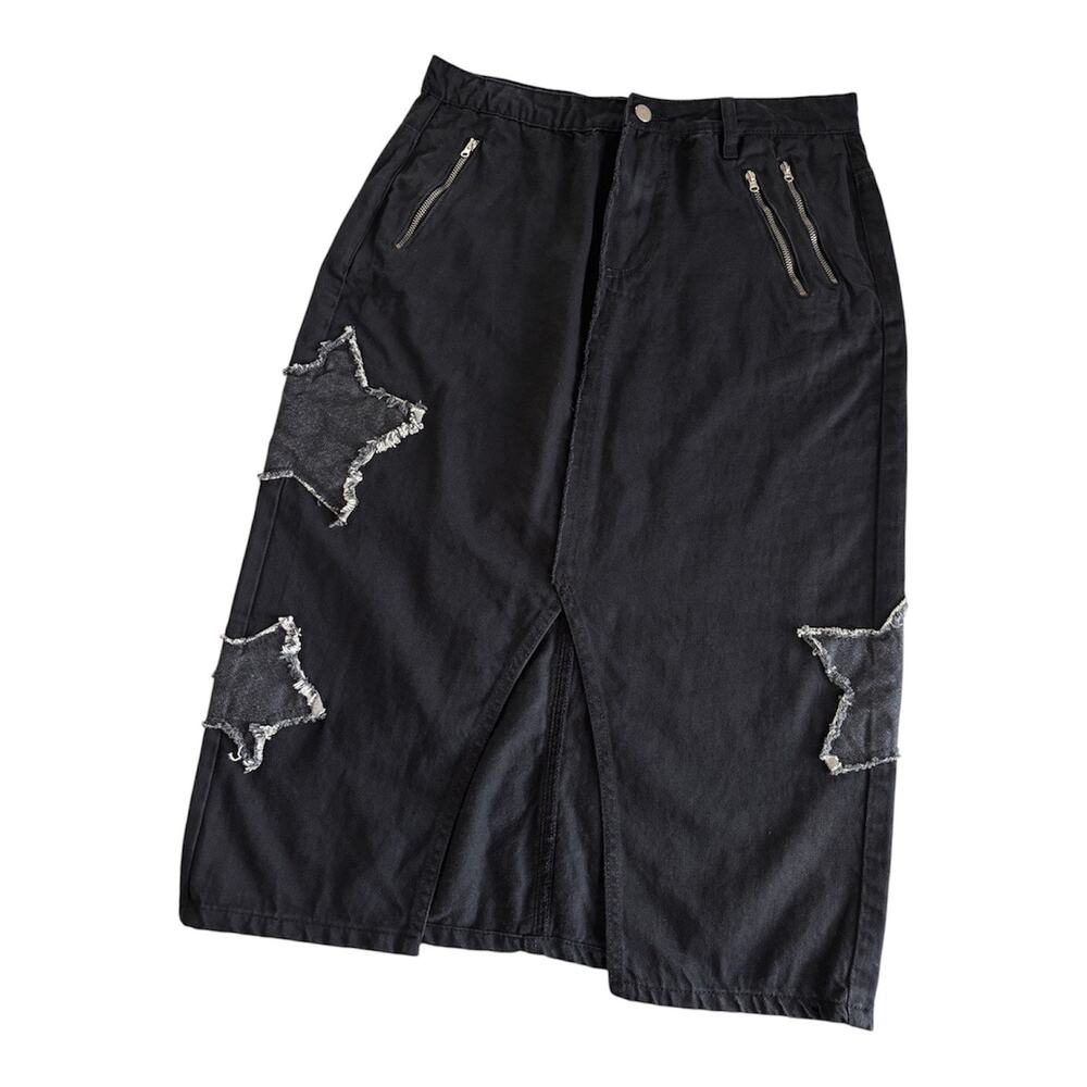 Daisy Street Star Patch Black Denim Midi Skirt Women’s Small Streetwear Y2K